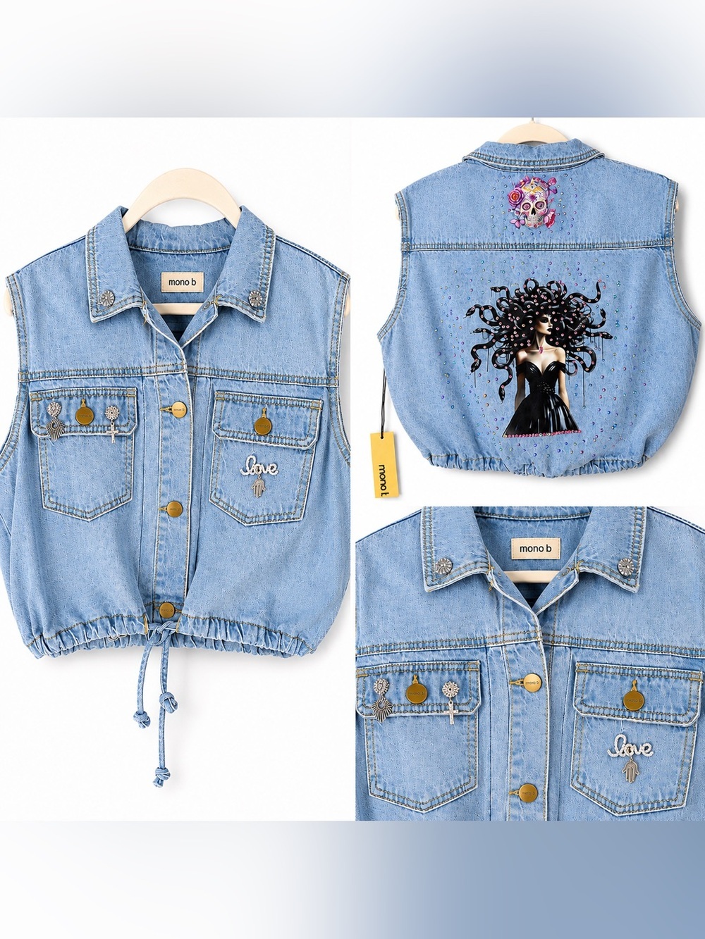 Embellished Light Wash Denim Vest Medusa Rhinestone Graphic, Upcycle Jacket